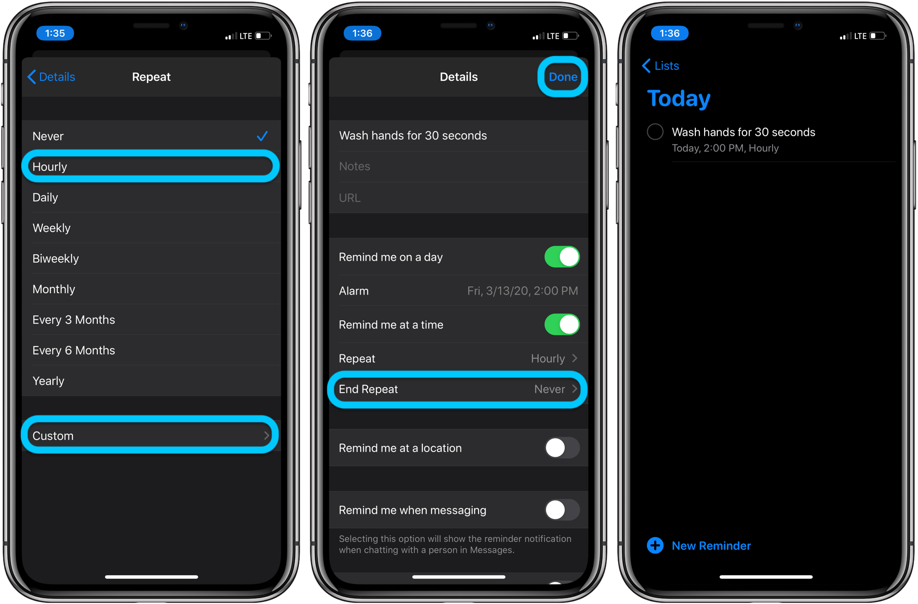 How to set hourly reminders iPhone apple watch wash hands don