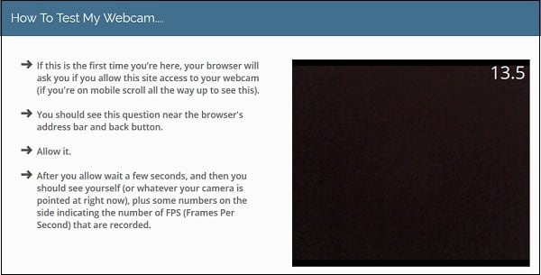 Ресурс "onlinemictest.com" позволяет видеть количество FPS с вашей веб-камеры