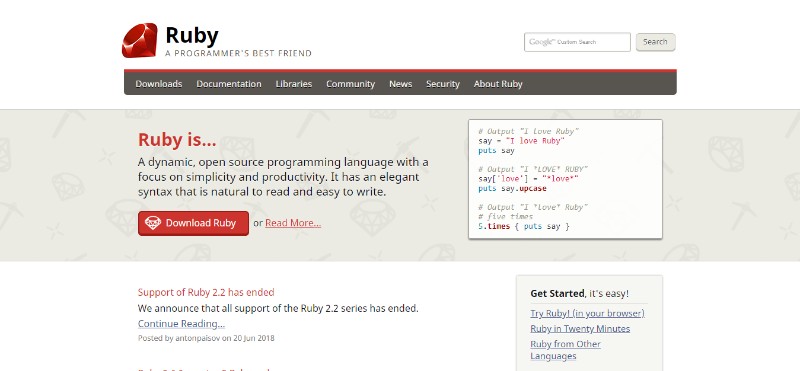 web development technologies programming languages Ruby