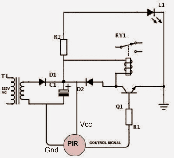 single transistor PIR relay activate circuit